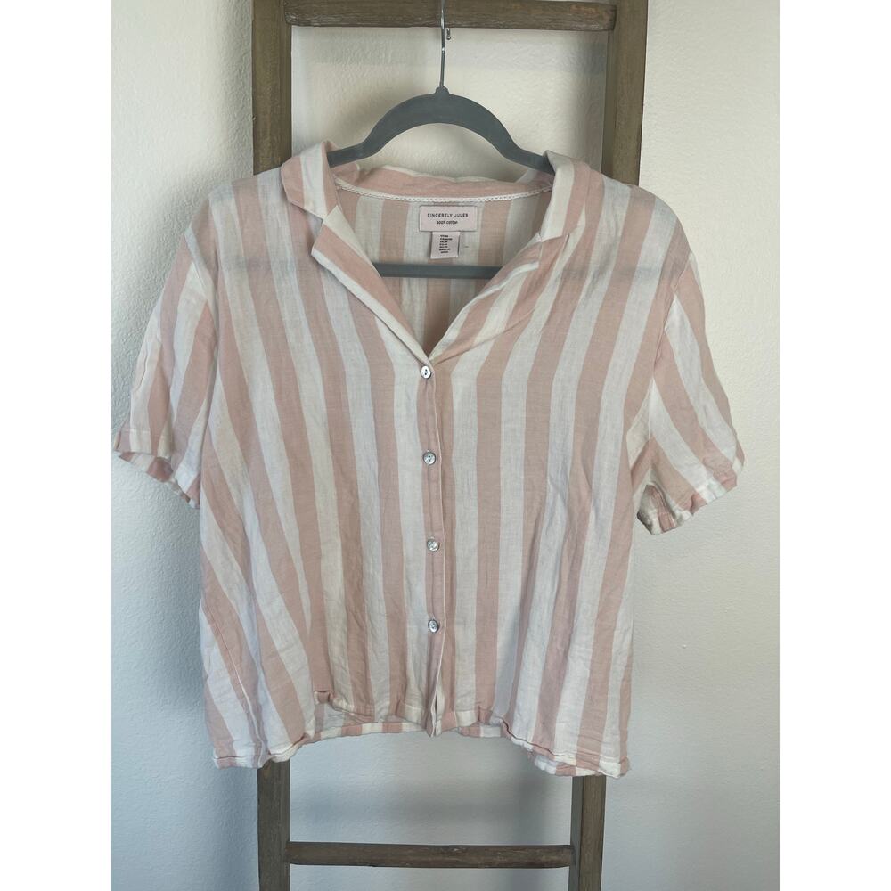 Sincerely Jules Linen Style Striped Short Sleeve Button Up Pink White Womens